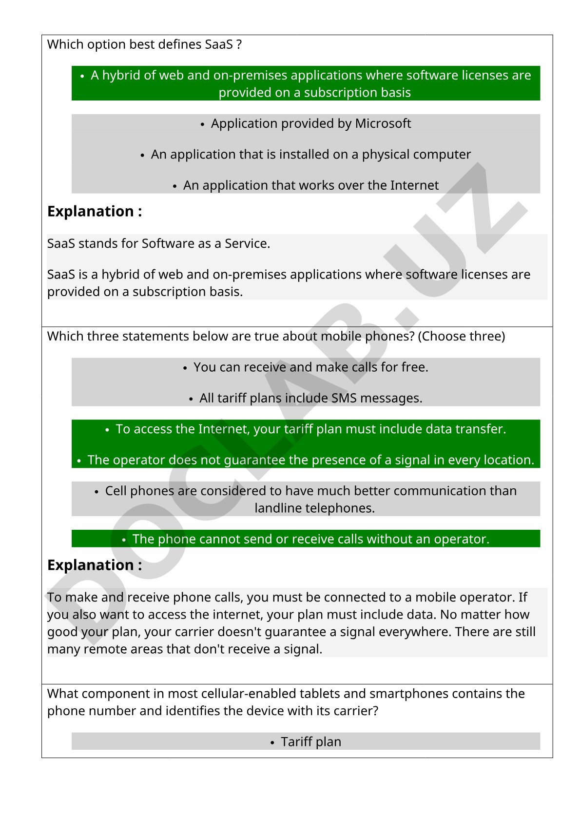 SaaS and Mobile Phone Services Quiz