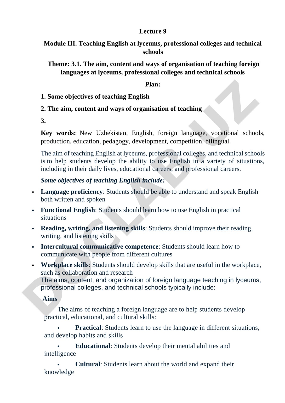 The aim, content and ways of organisation of teaching foreign languages at lyceums, professional colleges and technical schools