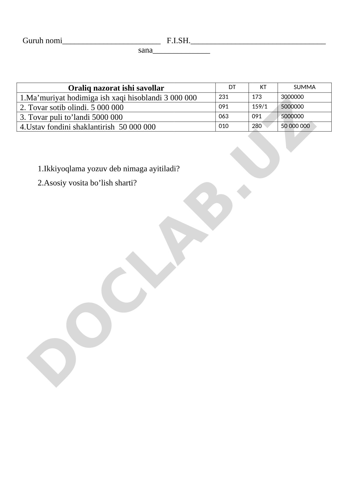 Oraliq nazorat ishi savollari