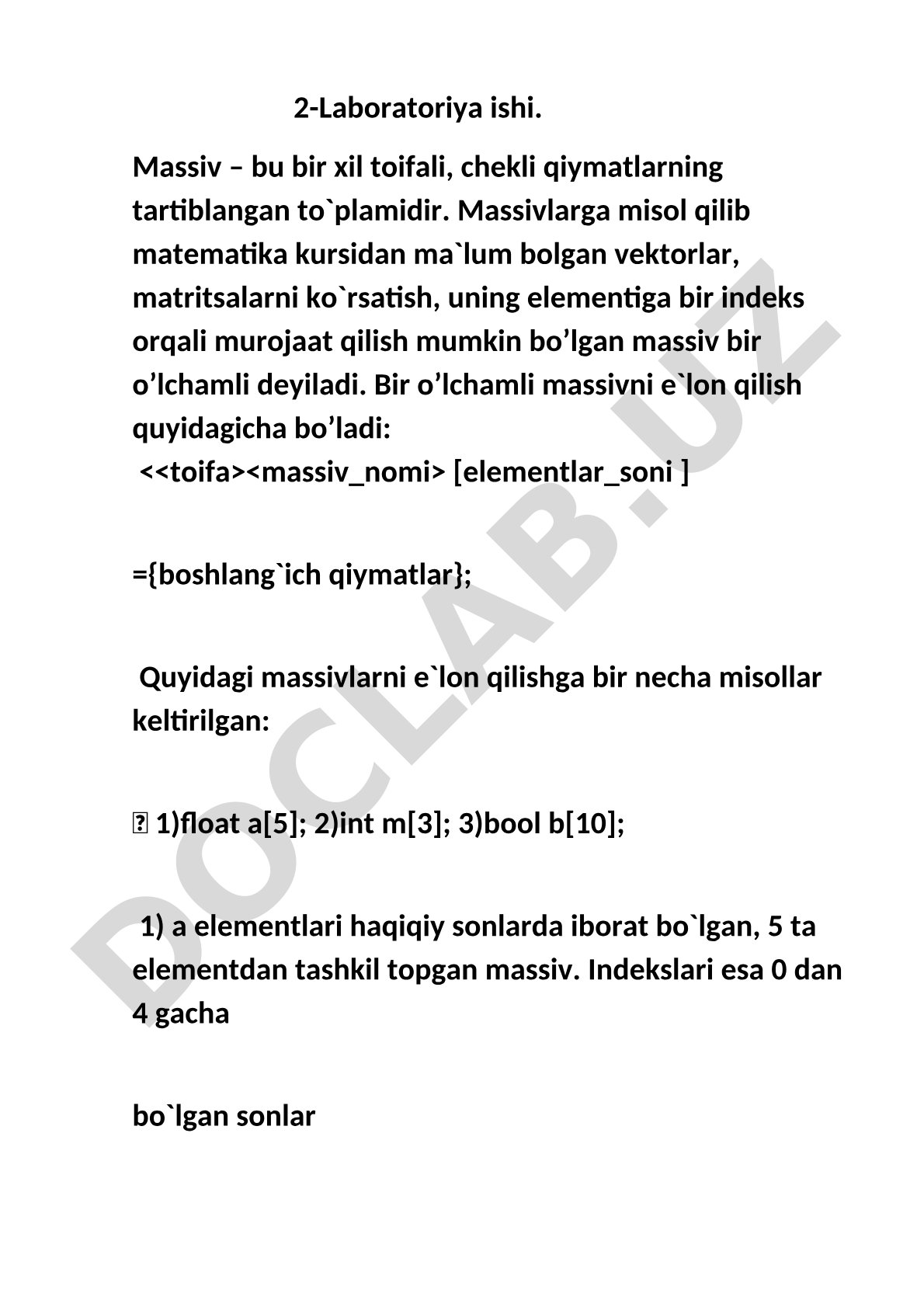 Bir o'lchamli massivlar C++ da e'lon qilinishi va misollar ko'rsatilgan