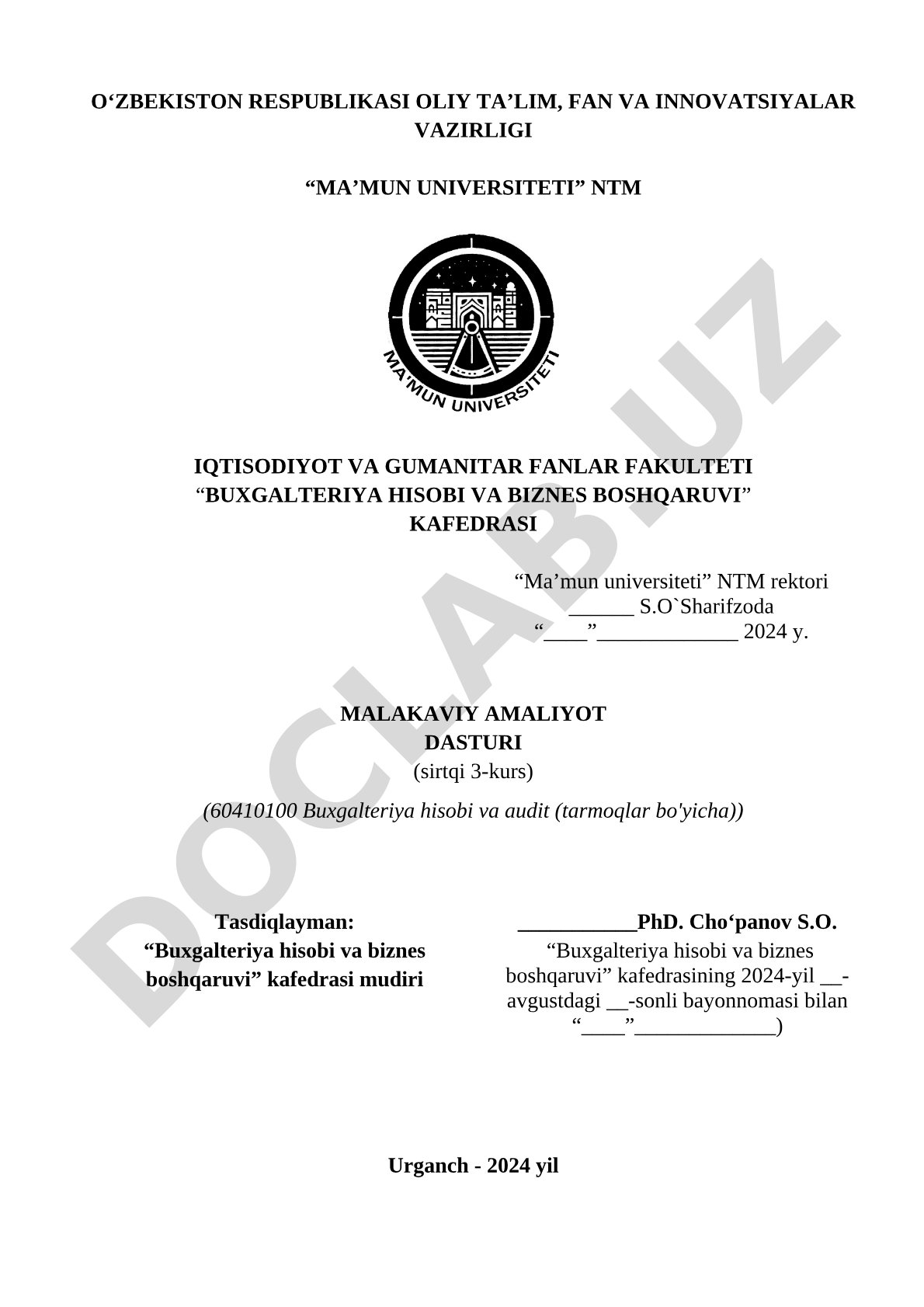 Malakaviy amaliyot dasturi (60410100 Buxgalteriya hisobi va audit (tarmoqlar bo‘yicha))