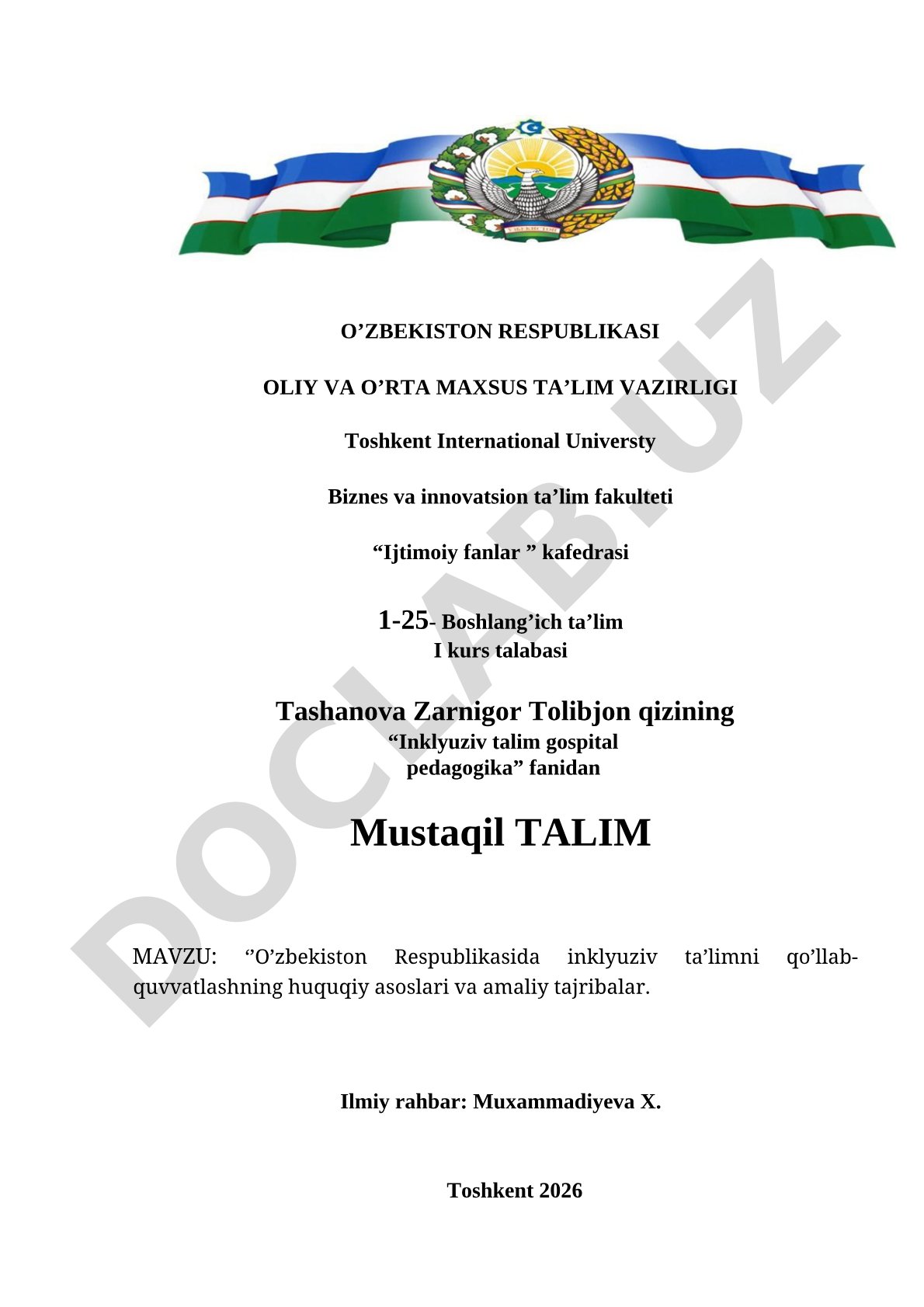 O‘zbekiston Respublikasida inklyuziv ta’limni qo‘llab-quvvatlashning huquqiy asoslari va amaliy tajribalar
