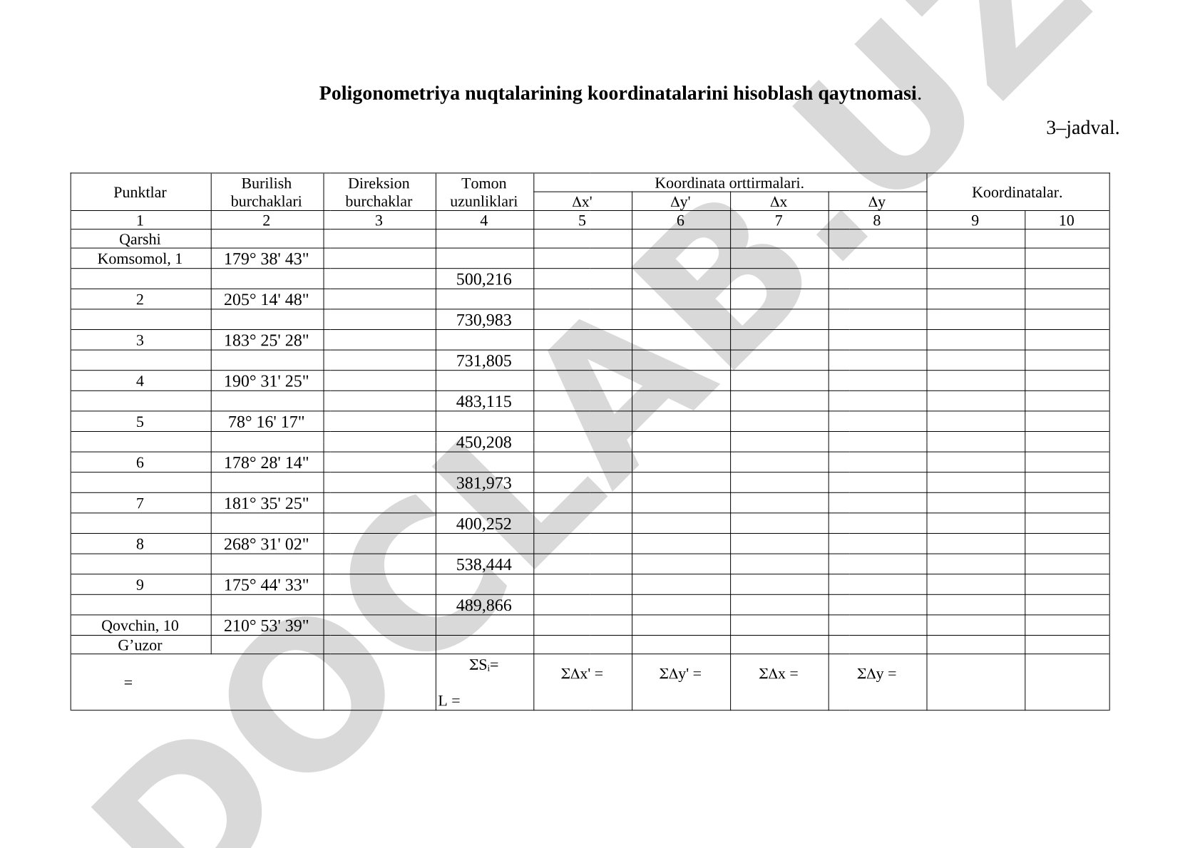 Poligonometriya nuqtalarining koordinatalarini hisoblash qaytnomasi