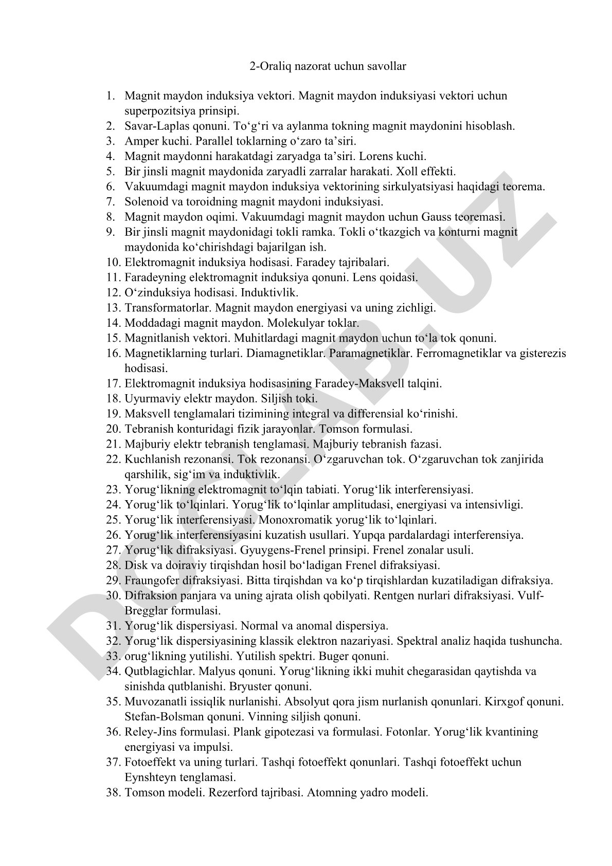 2-Oraliq nazorat uchun savollar