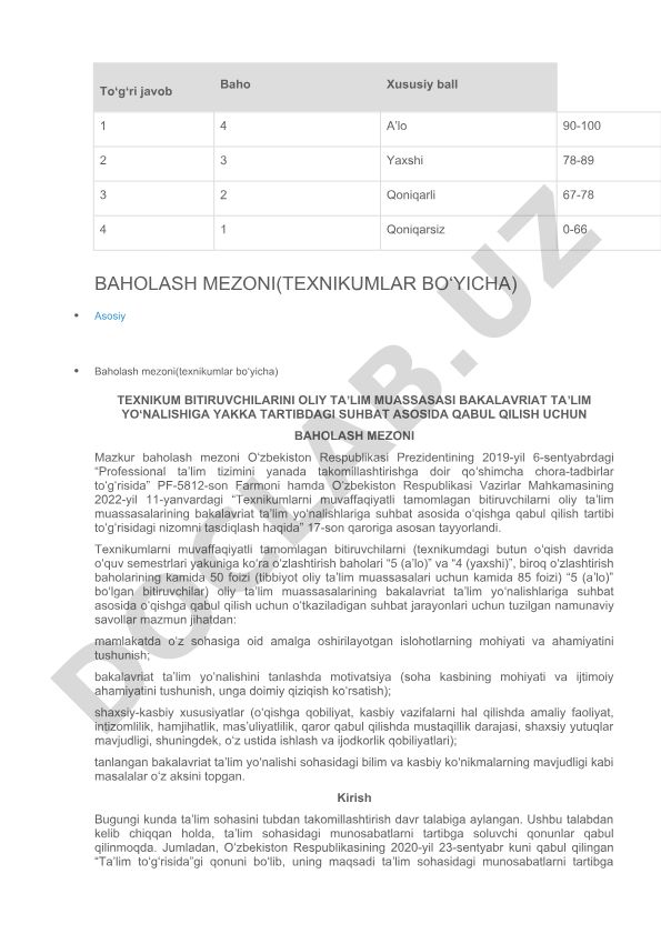 Texnikum bitiruvchilarini oliy ta'lim muassasalariga qabul qilish baholash mezoni