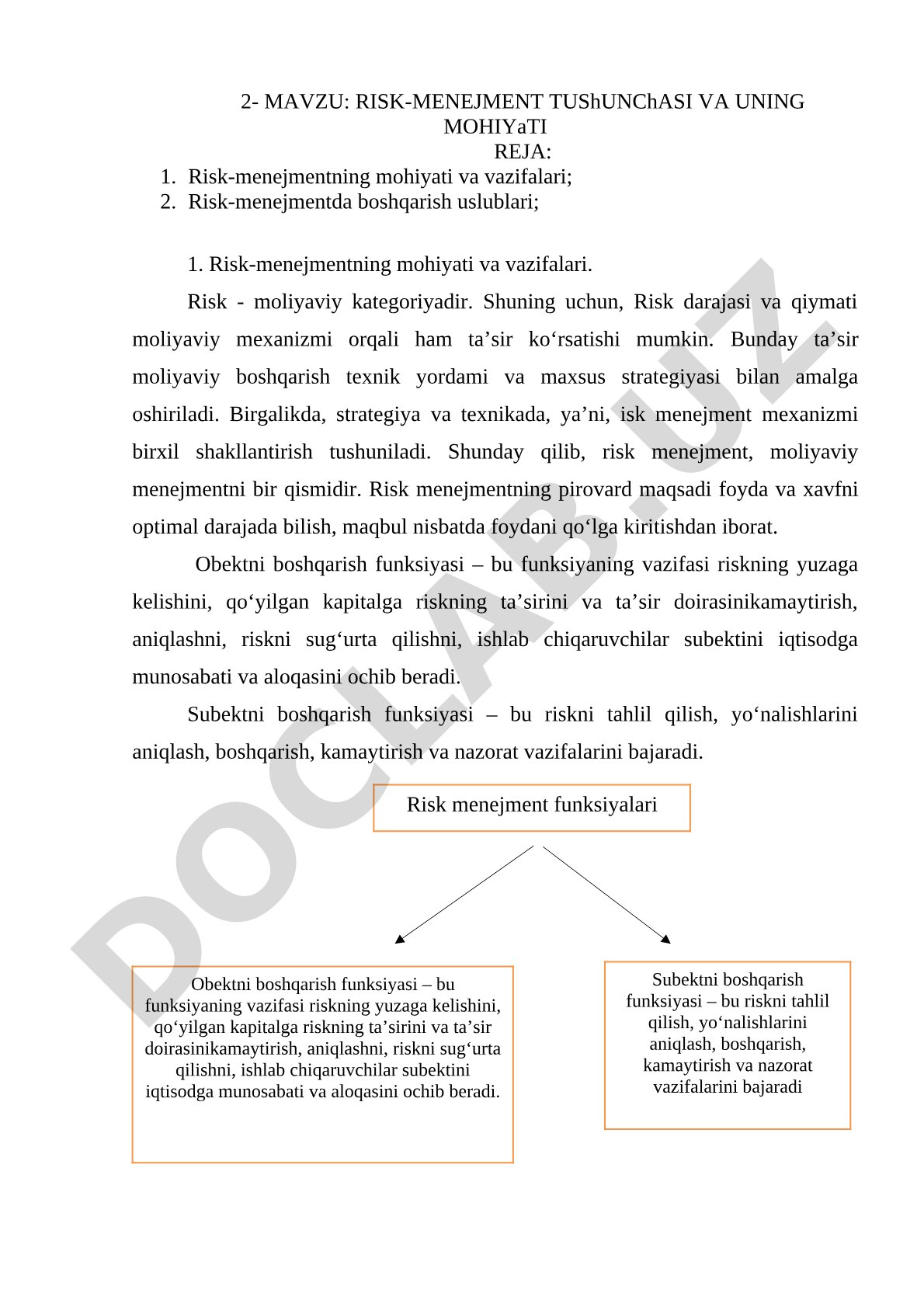 RISK-MENEJMENT TUShUNChASI VA UNING MOHIYaTI