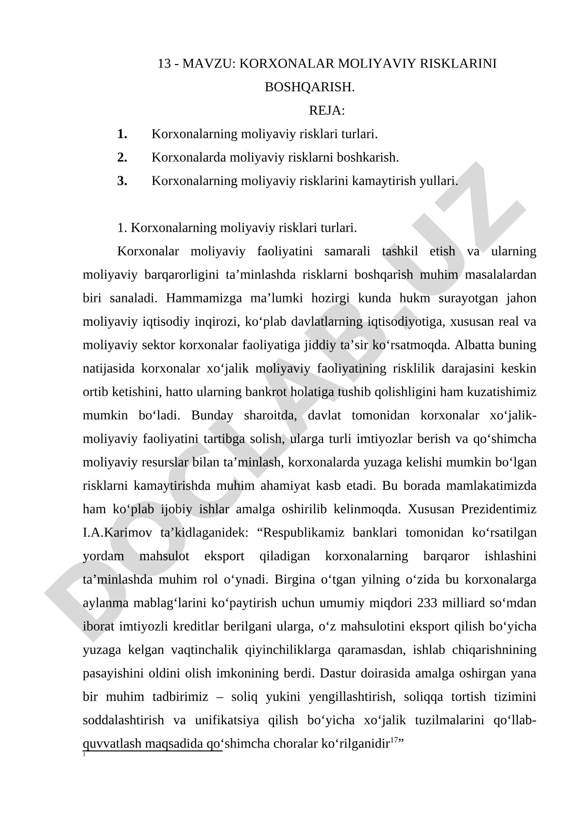 Korxonalar moliyaviy risklarini boshqarish