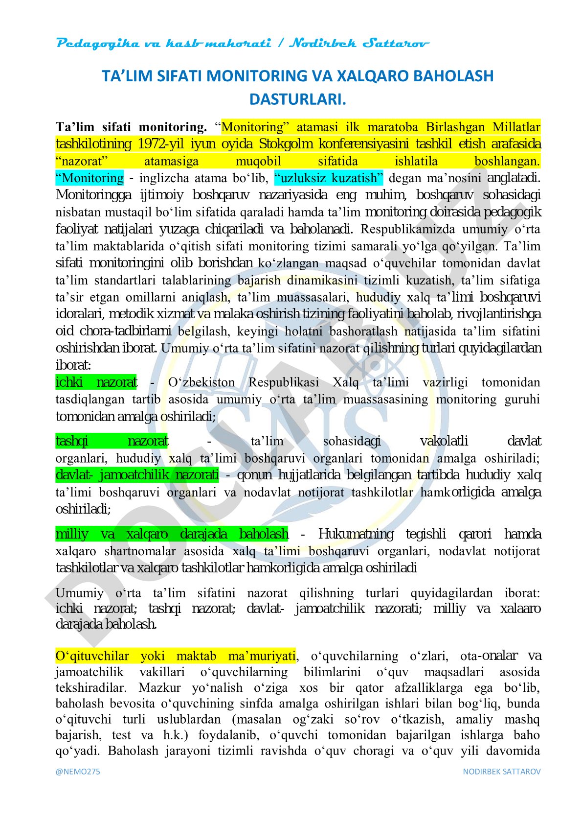 Ta’lim sifati monitoring va xalqaro baholash dasturlari
