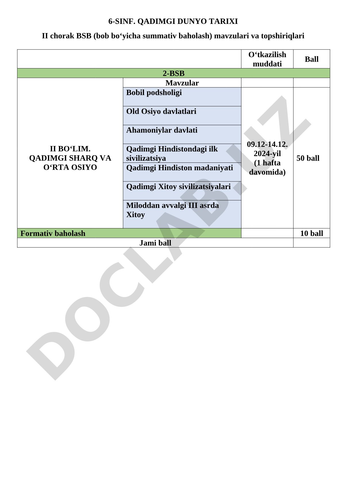 6-sinf Qadimgi dunyo tarixi II chorak BSB topshiriqlari
