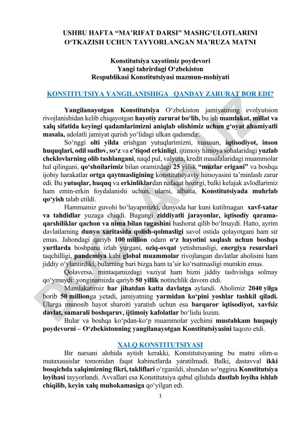 O‘zbekiston Respublikasi Konstitutsiyasining yangilanishi va mazmun-mohiyati