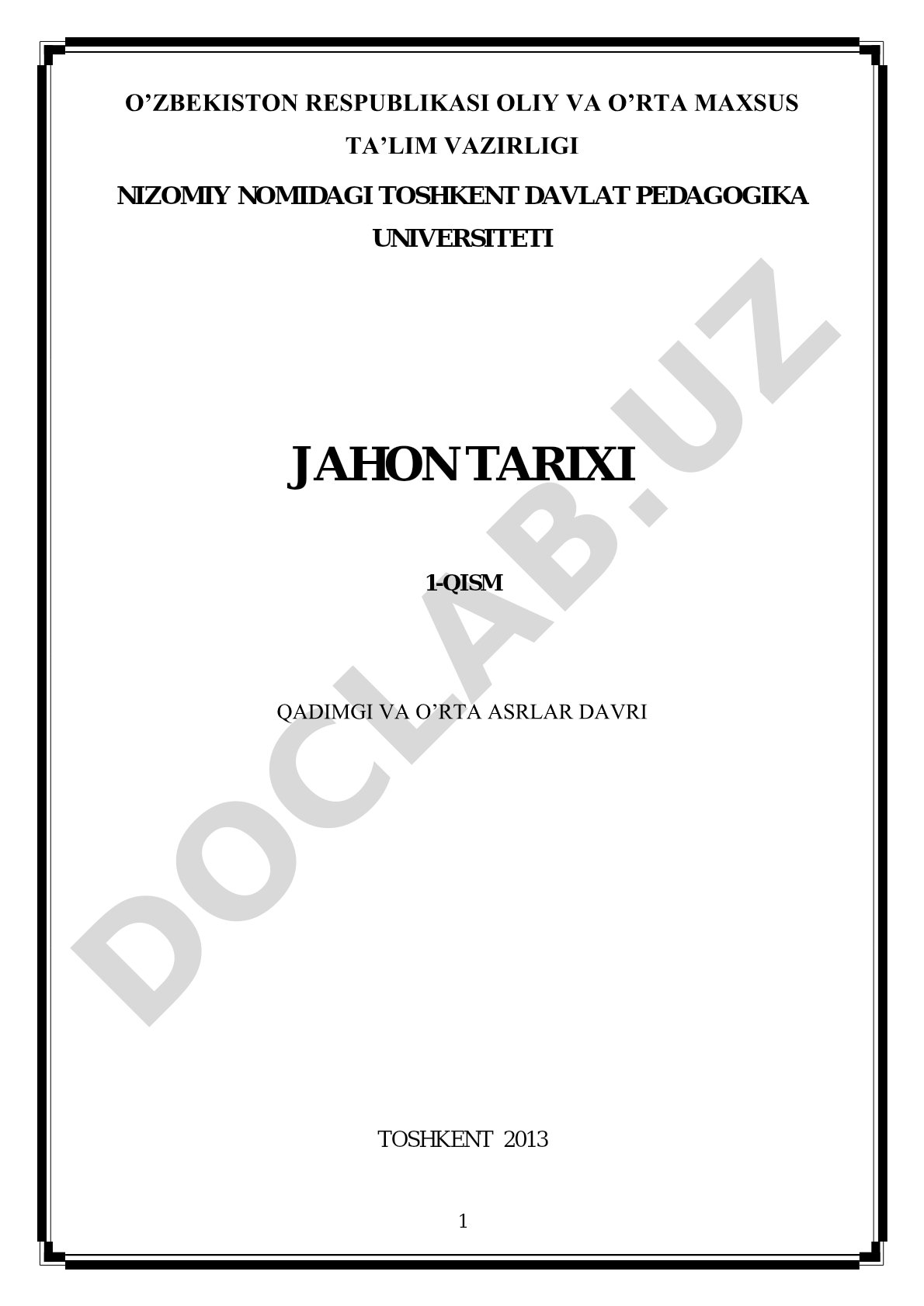 Jahon tarixi 1-qism qadimgi va o'rta asrlar davri