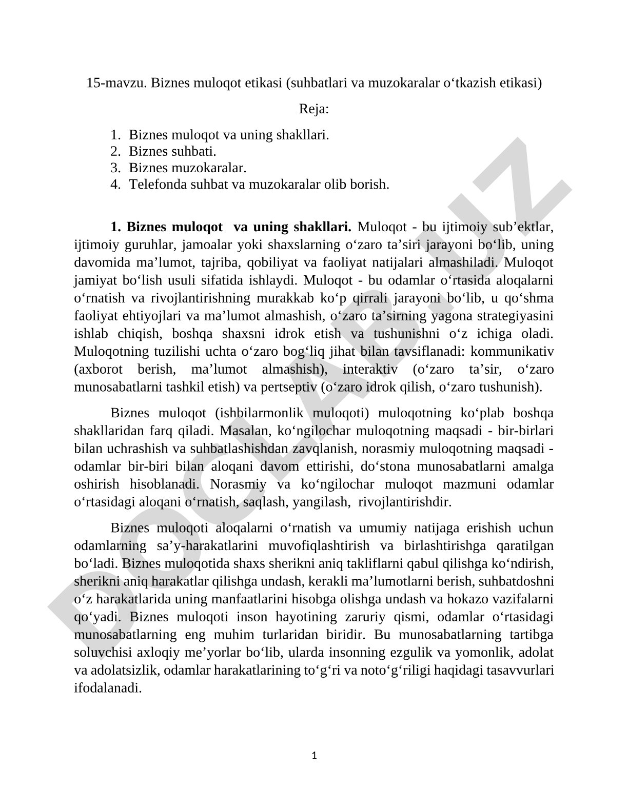 Biznes muloqot etikasi (suhbatlari va muzokaralar o‘tkazish etikasi)
