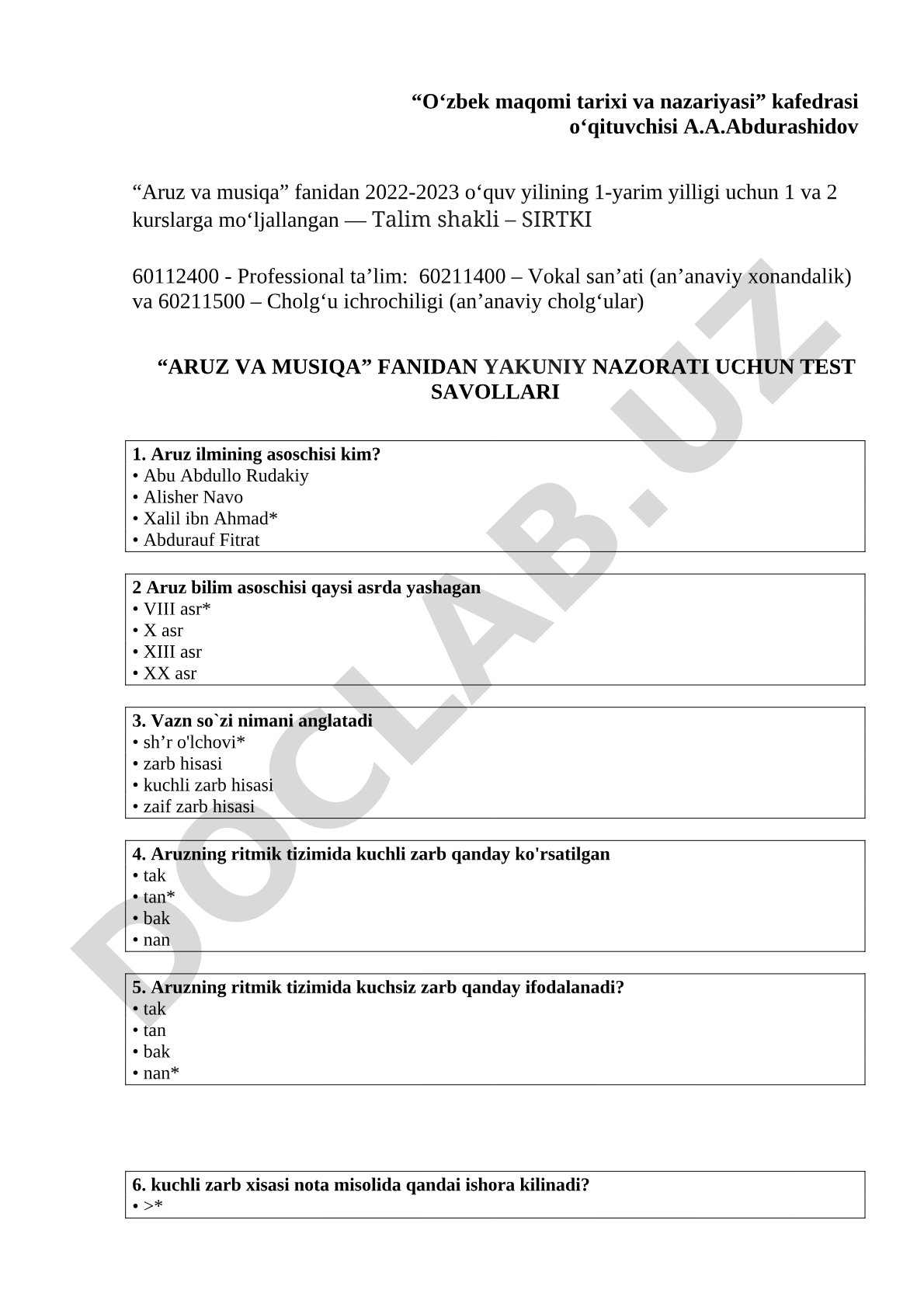 Aruz va musiqa fanidan yakuniy nazorat test savollari