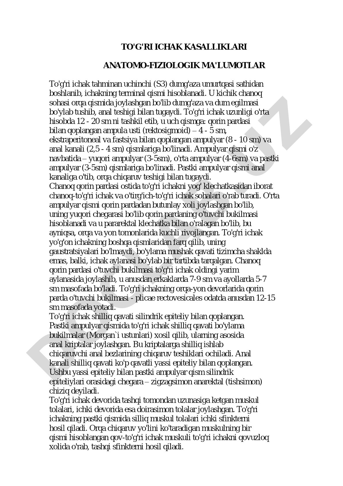 To'g'ri ichak kasalliklari anatomo-fiziologik ma'lumotlar