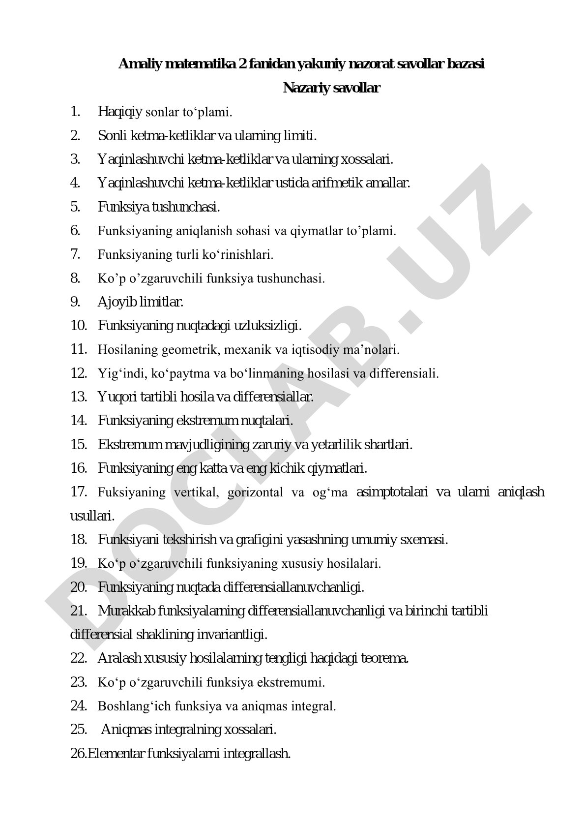 Amaliy matematika 2 fanidan yakuniy nazorat savollar bazasi