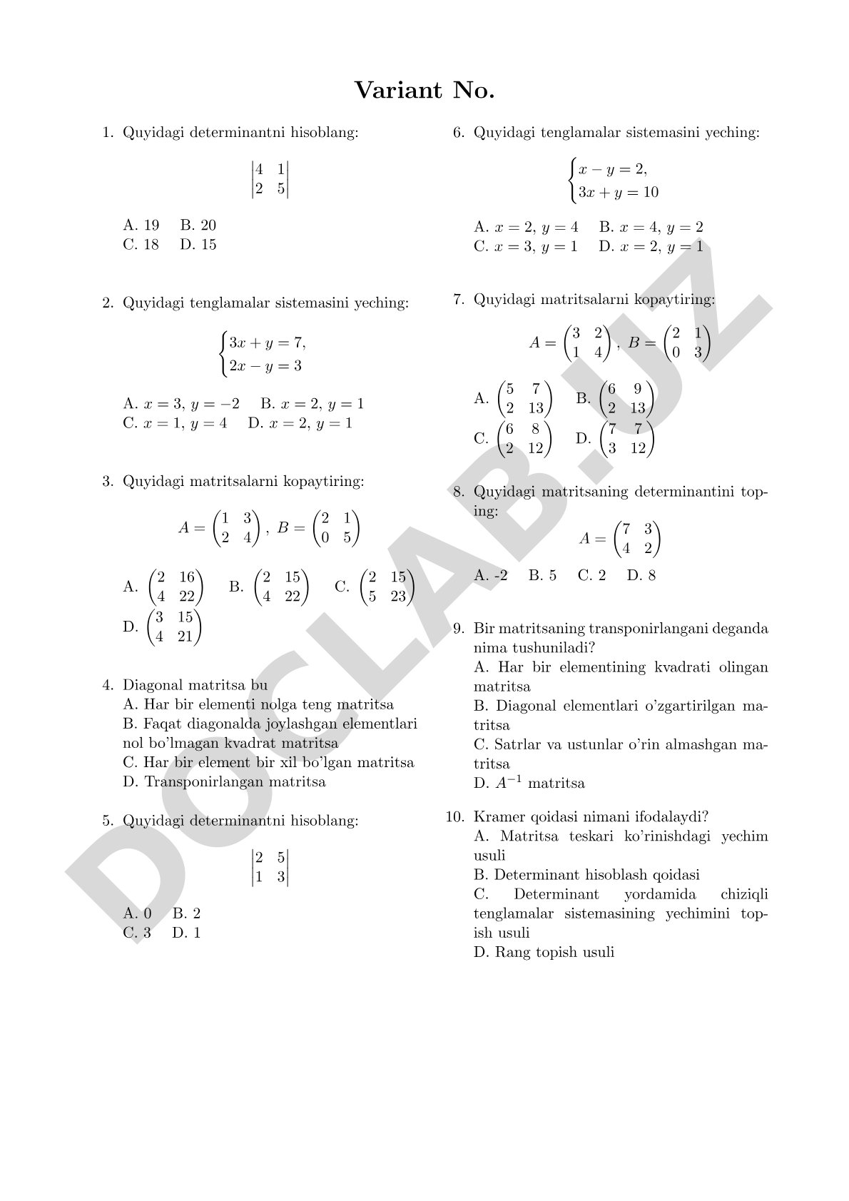 Determinant va matritsali tenglamalar testi