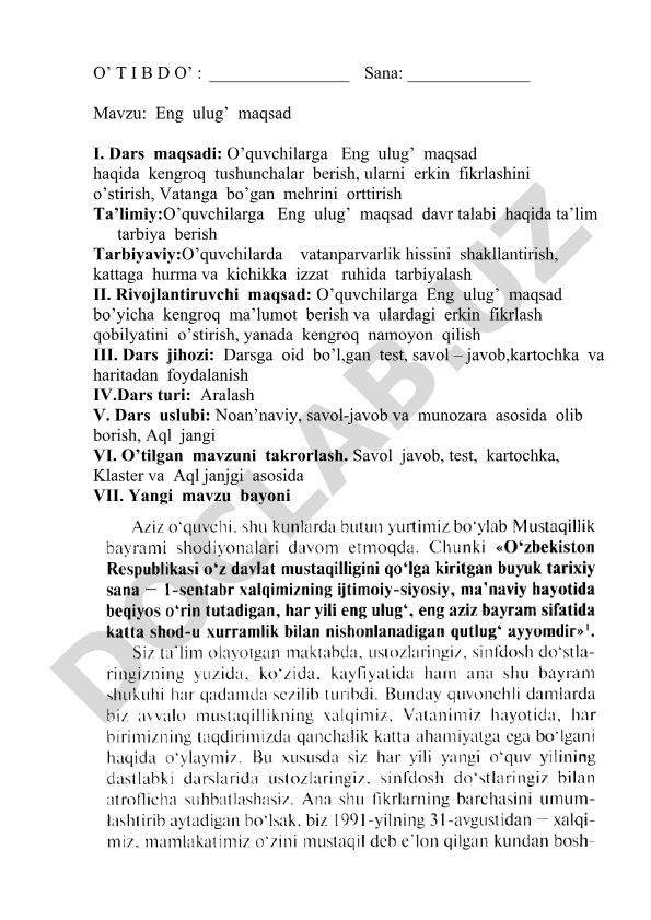 Eng ulug' maqsad va Milliy g'oya va taraqqiyot