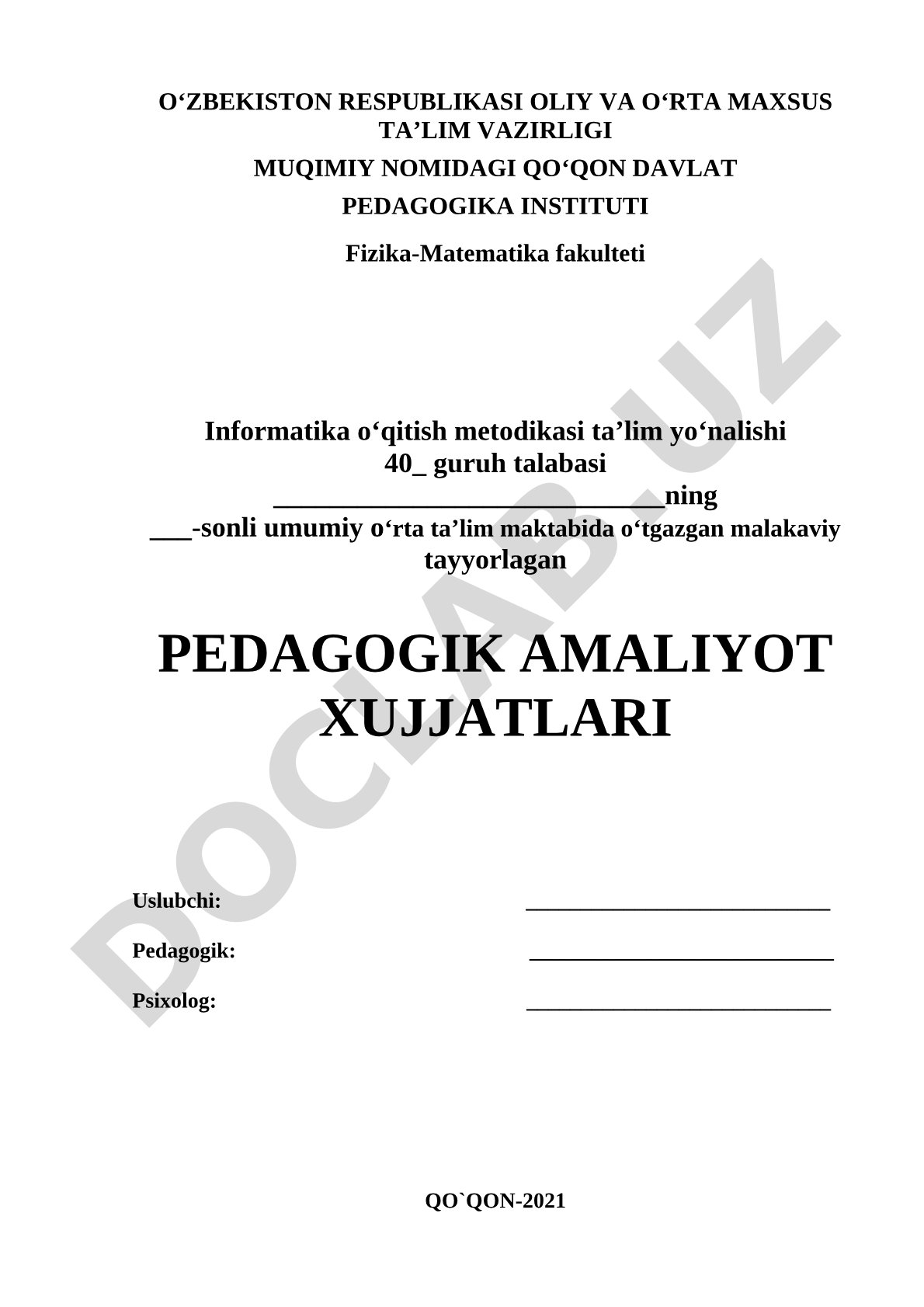 Pedagogik amaliyot uchun ish qog'ozlari