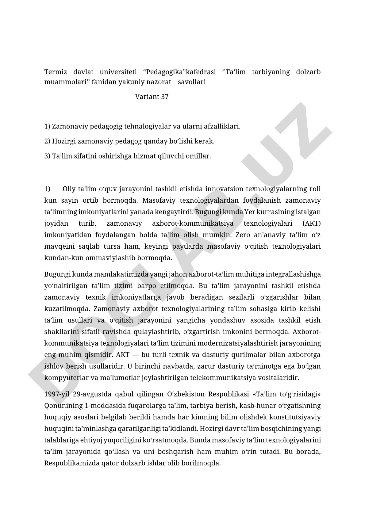 Ta'lim tarbiyaning dolzarb muammolari fanidan yakuniy nazorat savollari