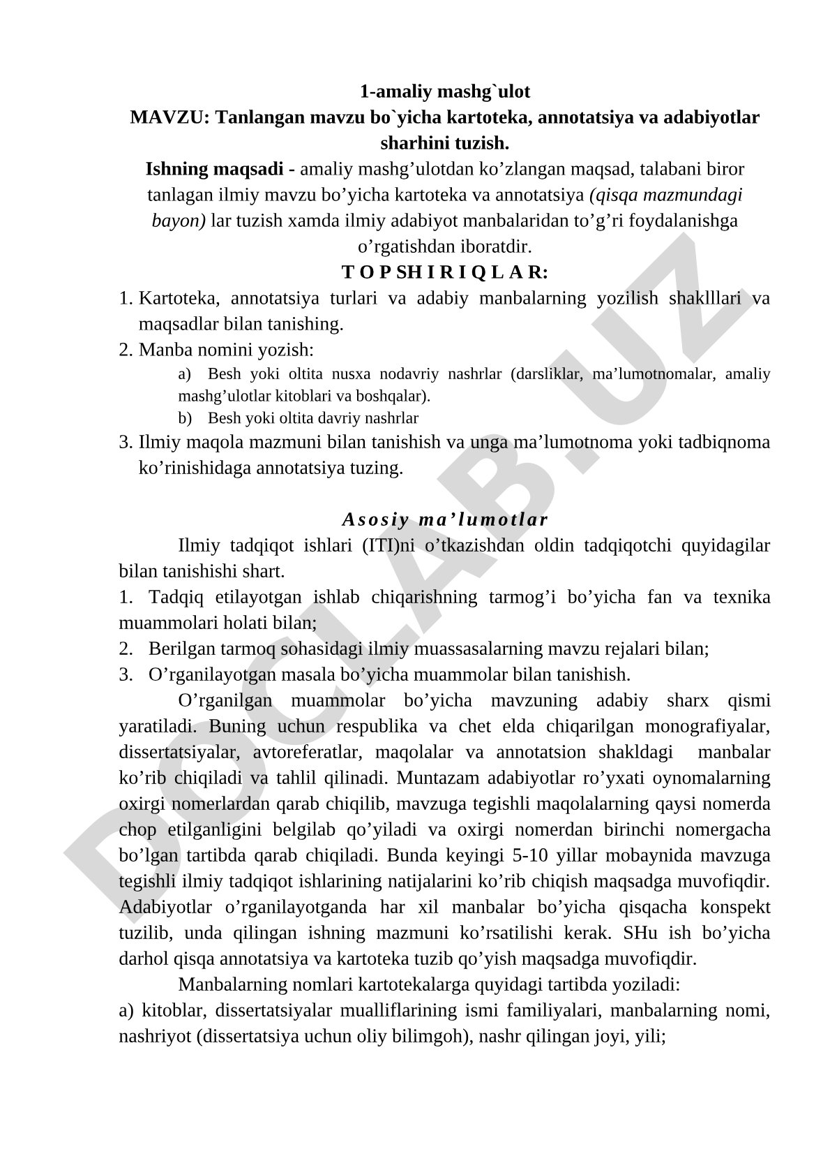 Tanlangan mavzu bo'yicha kartoteka, annotatsiya va adabiyotlar sharhini tuzish