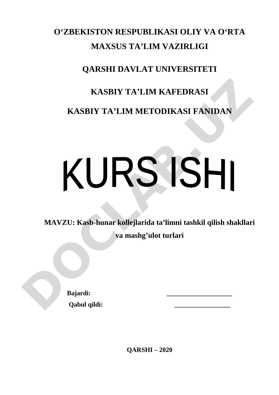 Kasb-hunar kollejlarida ta’limni tashkil qilish shakllari va mashg’ulot turlari