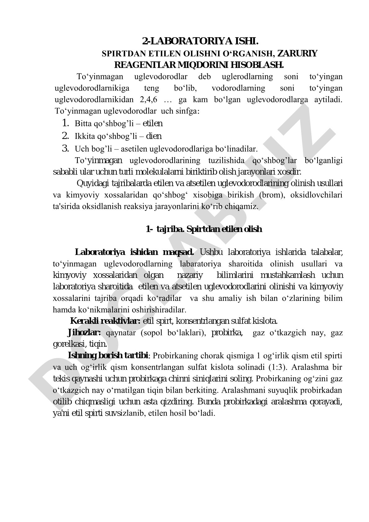 SPIRTDAN ETILEN OLISHNI O‘RGANISH, ZARURIY REAGENTLAR MIQDORINI HISOBLASH