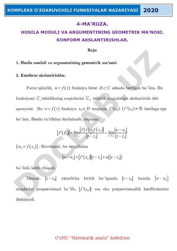 Kompleks o'zgaruvchili funksiyalar nazariyasi: hosila moduli va argumentining geometrik ma'nosi