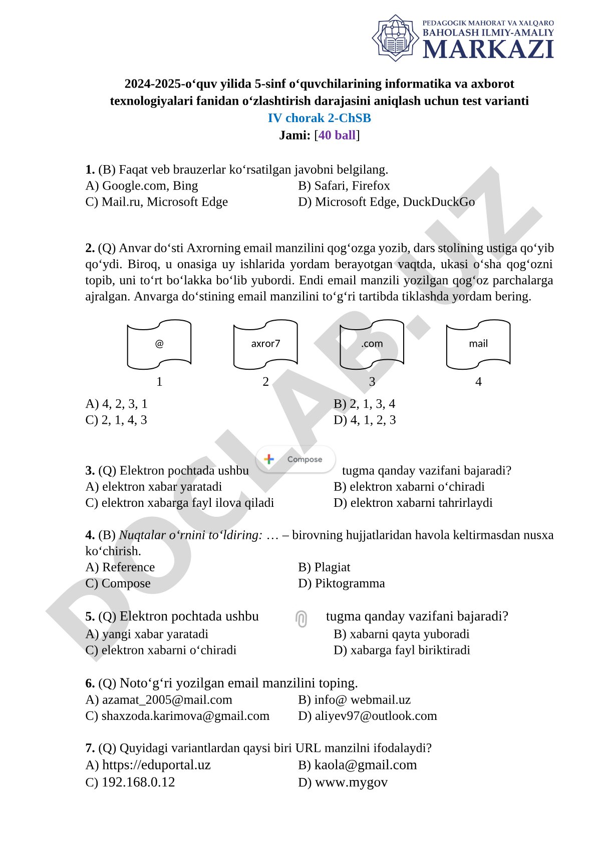 5-sinf informatika va axborot texnologiyalari test varianti IV chorak 2-ChSB