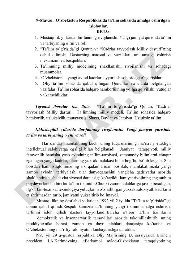 O’zbekiston Respublikasida ta’lim sohasida amalga oshirilgan islohotlar