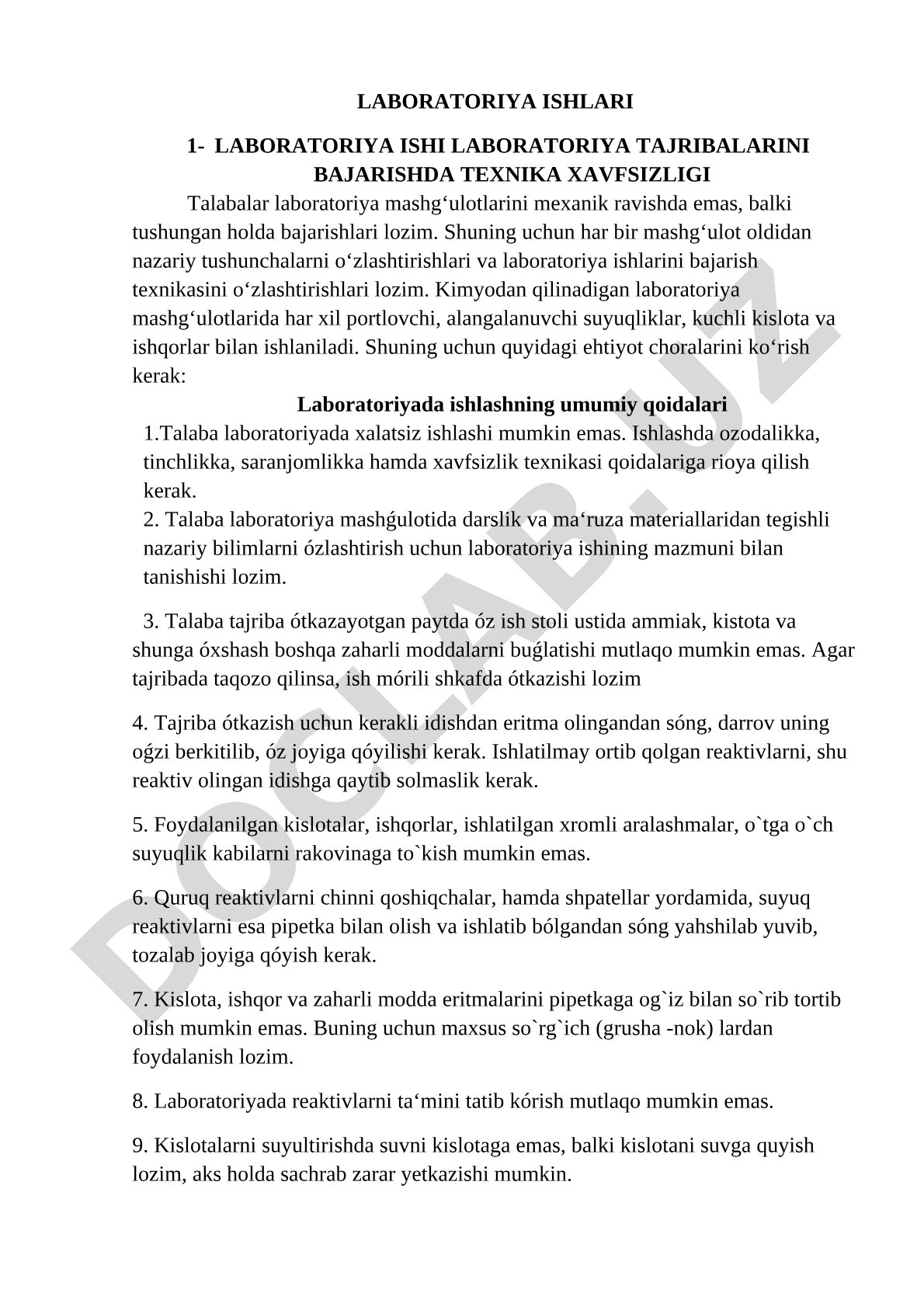 Laboratoriya tajribalarini bajarishda texnika xavfsizligi
