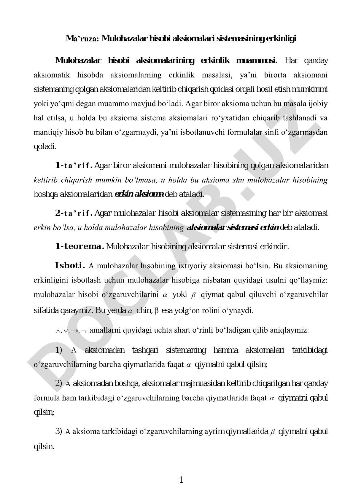 Mulohazalar hisobi aksiomalari sistemasining erkinligi