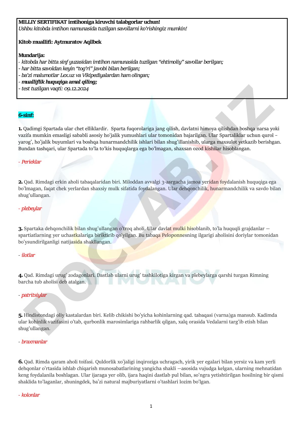 Milliy sertifikat imtihoni uchun namunaviy test savollari