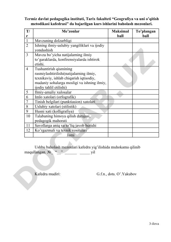 Kurs ishlarini baholash mezonlari
