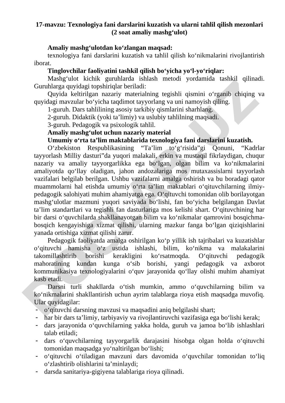 Texnologiya fani darslarini kuzatish va ularni tahlil qilish mezonlari