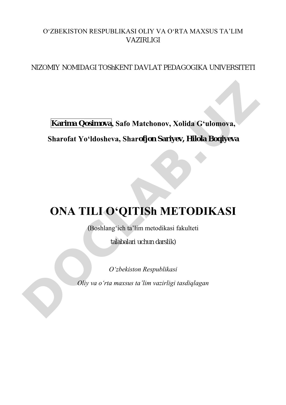 Boshlang'ich sinflarda ona tili o'qitish metodikasi