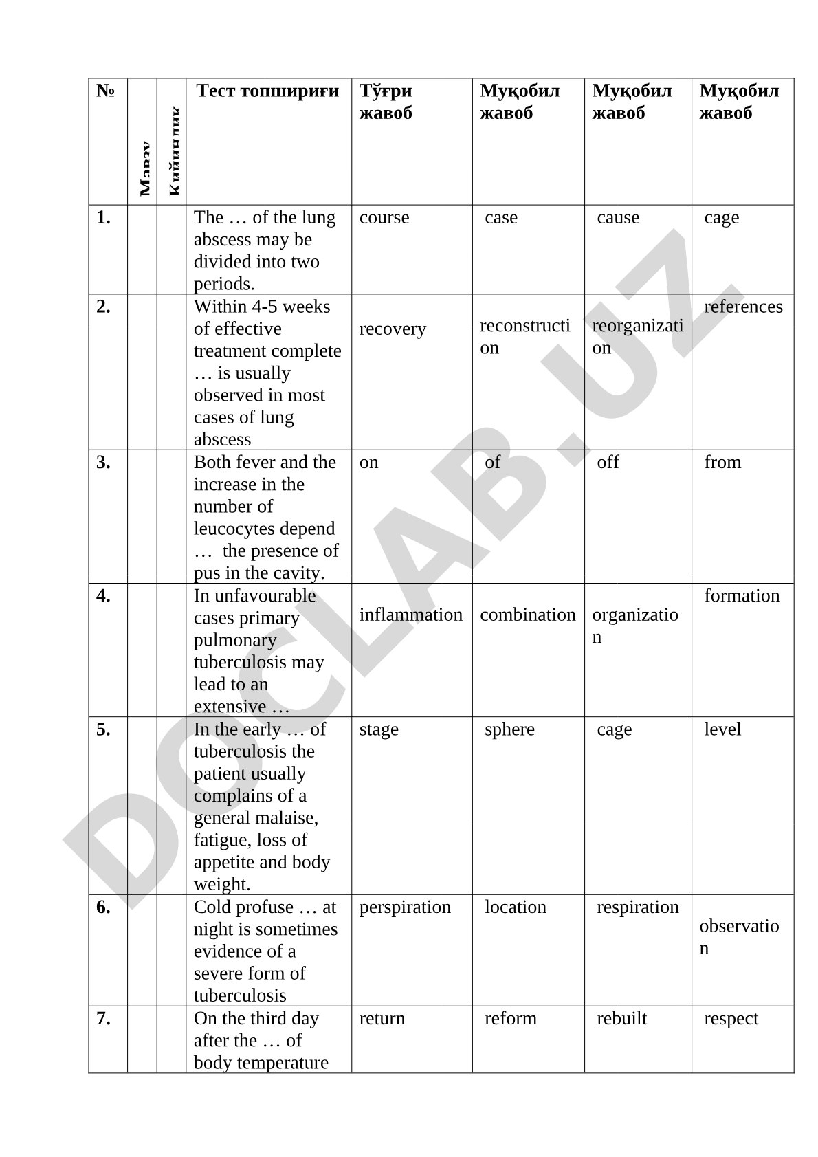 Test questions on lung abscess and tuberculosis