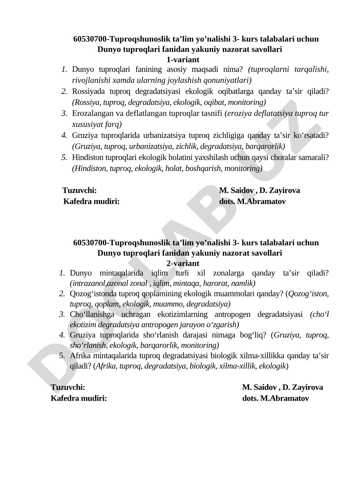 Dunyo tuproqlari fanidan yakuniy nazorat savollari