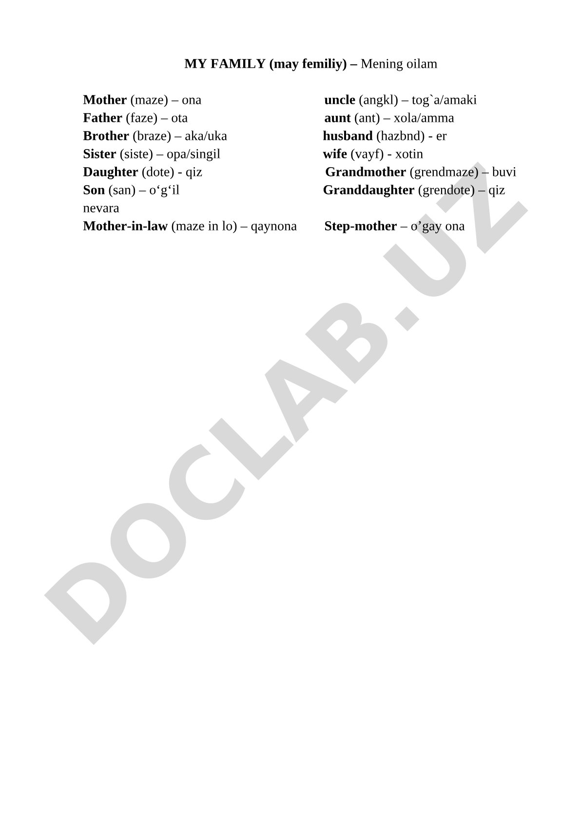 English Family Members Vocabulary with Uzbek Translations