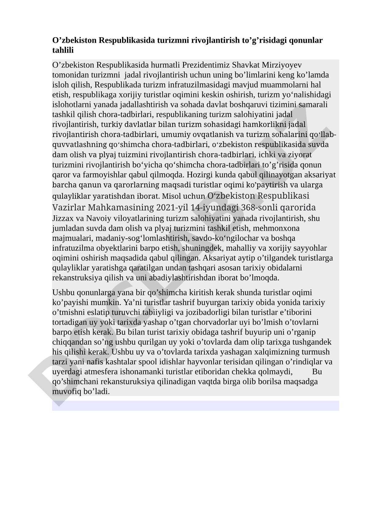 O’zbekiston Respublikasida turizmni rivojlantirish to’g’risidagi qonunlar tahlili