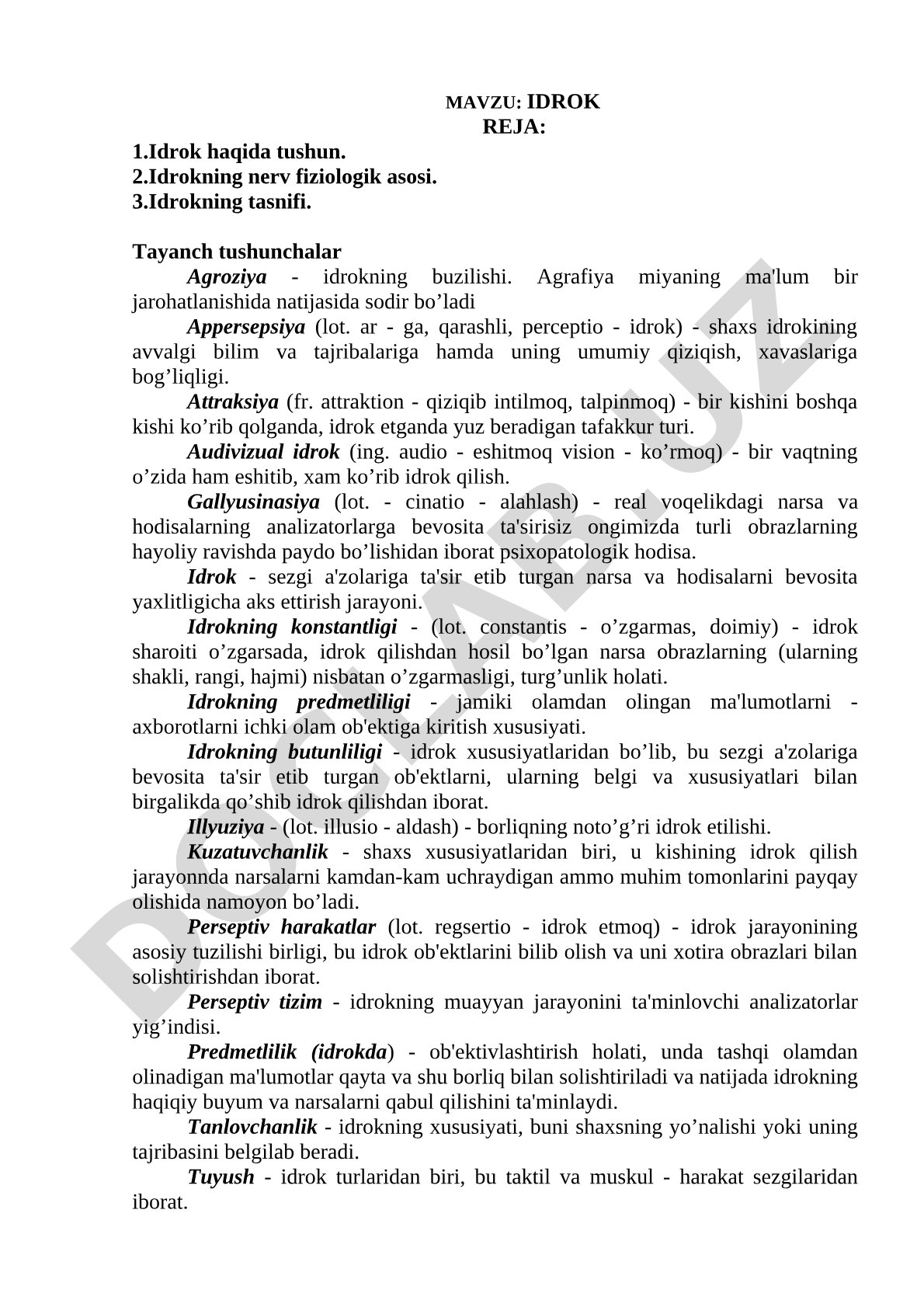 Idrok haqida tushuncha, nerv fiziologik asosi va tasnifi