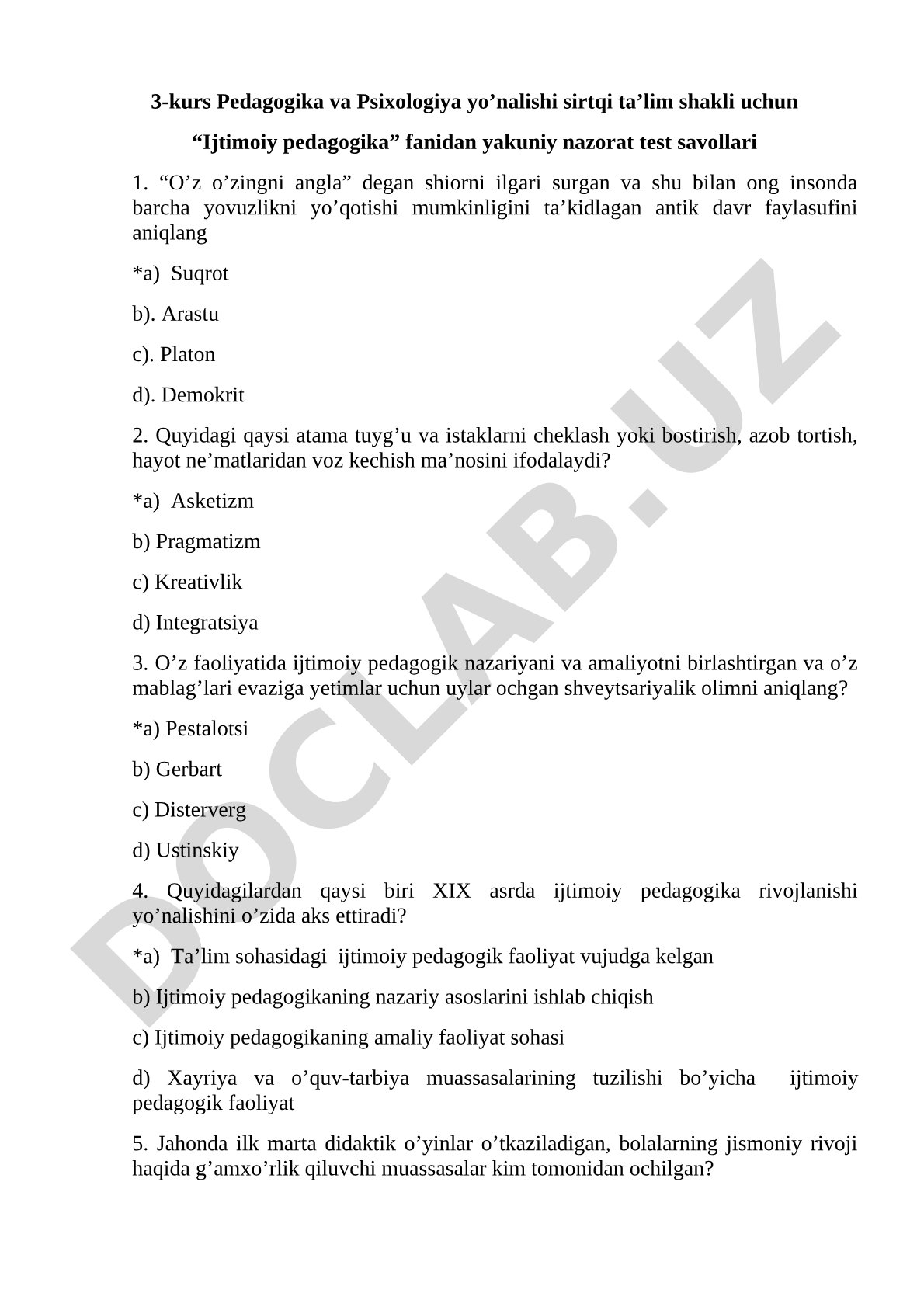 Ijtimoiy pedagogika fanidan yakuniy nazorat test savollari