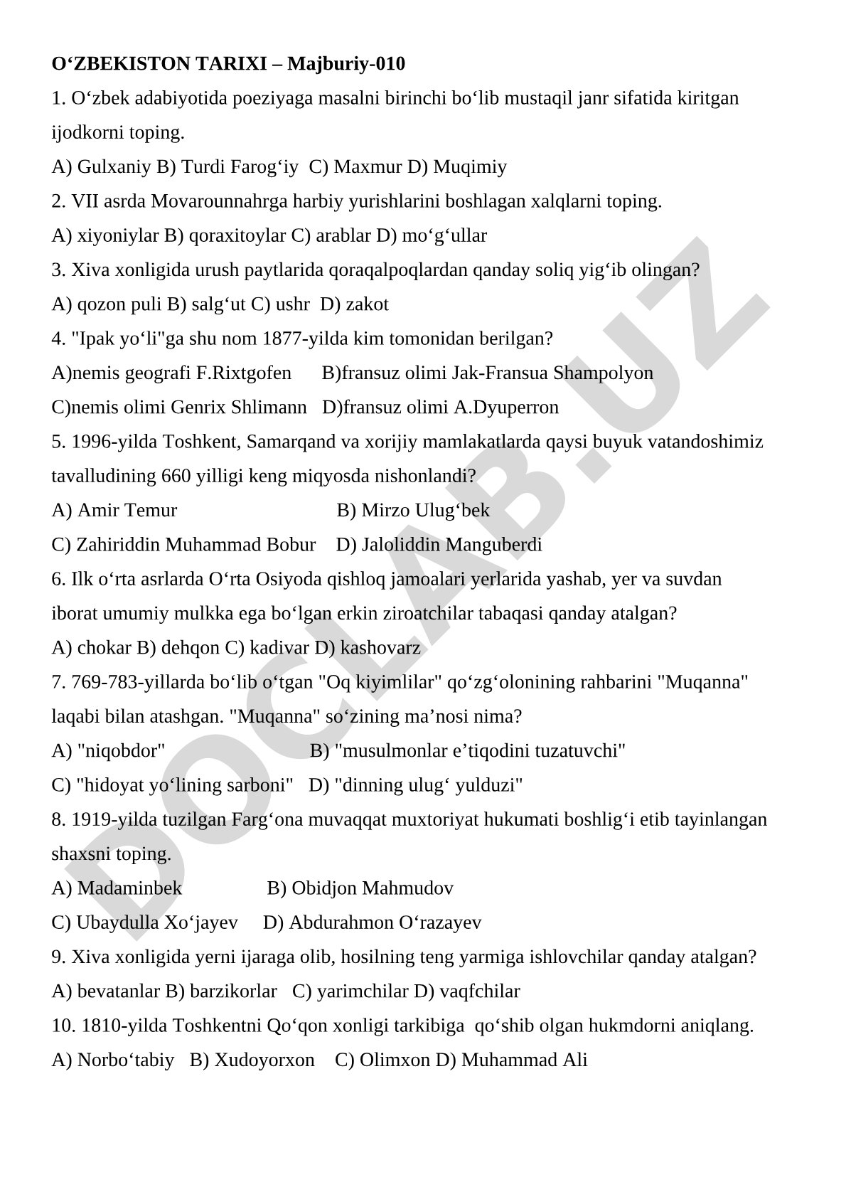 O‘ZBEKISTON TARIXI – Majburiy-010
