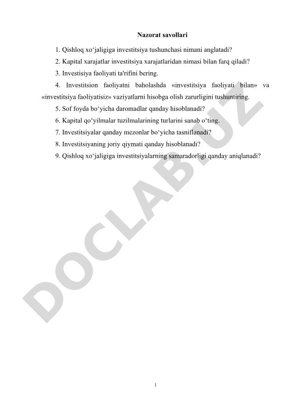 Qishloq xo'jaligiga investitsiyalar nazorat savollari