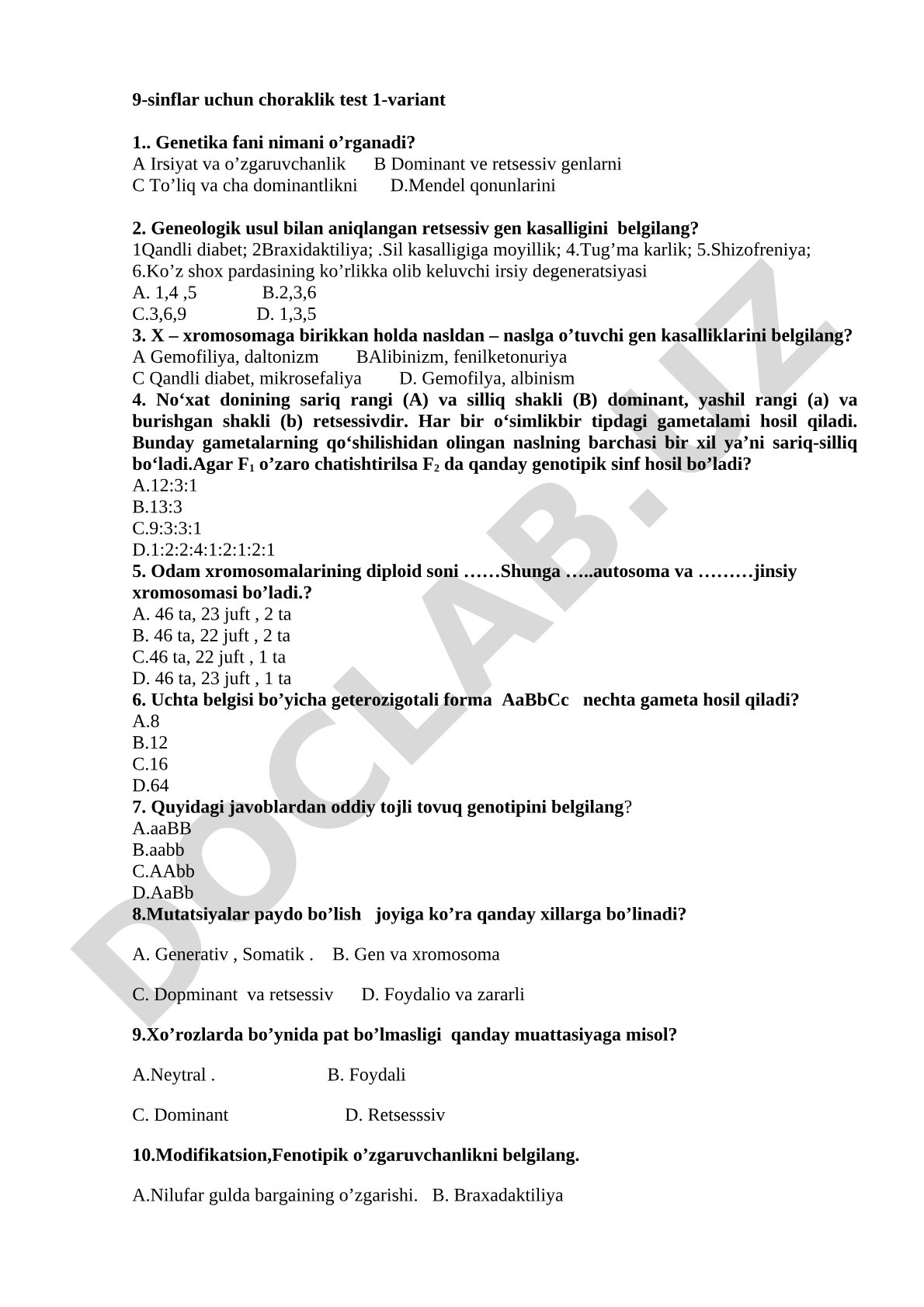 9-sinflar uchun choraklik test 1-variant