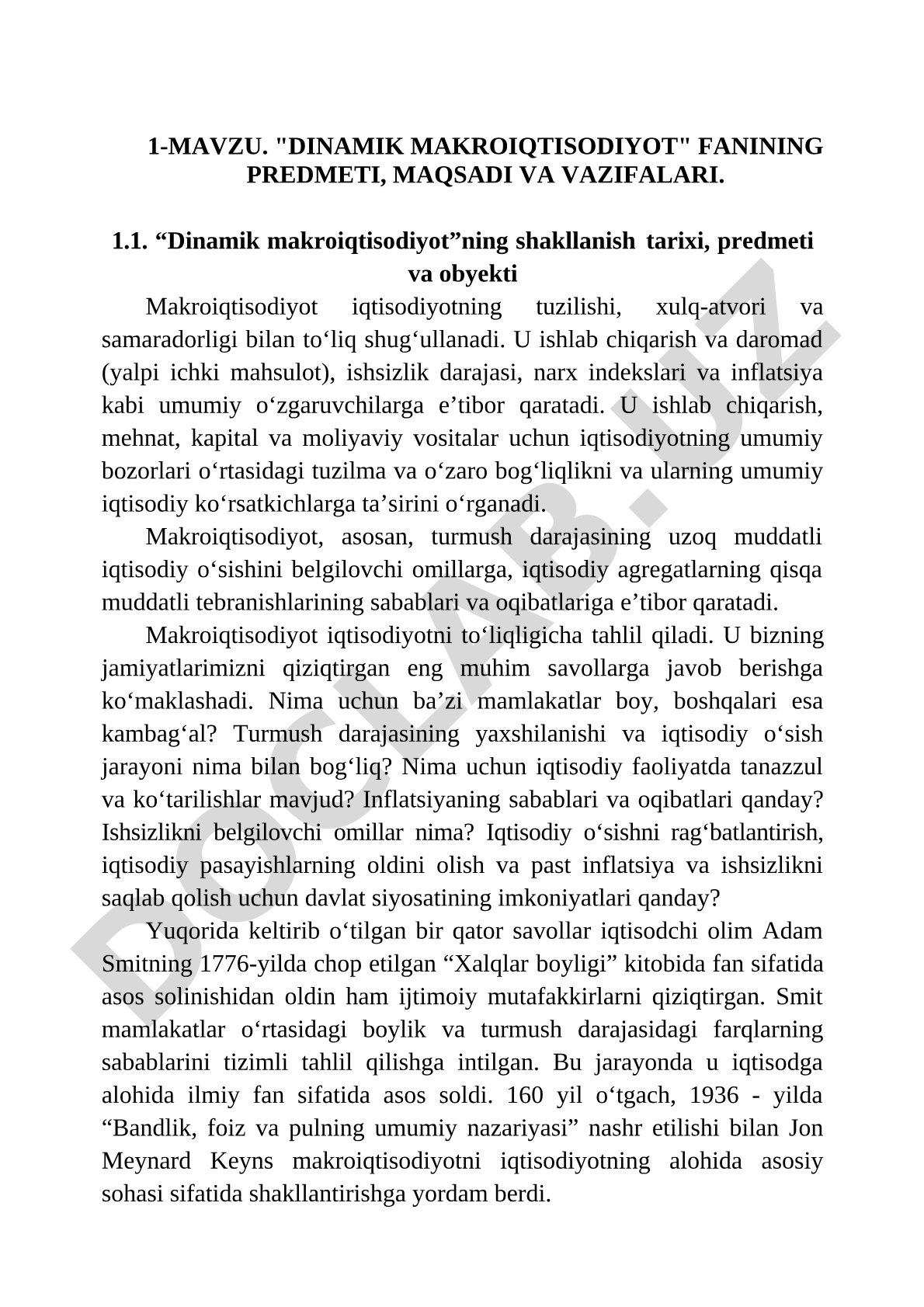 Dinamik makroiqtisodiyot fanining predmeti, maqsadi va vazifalari