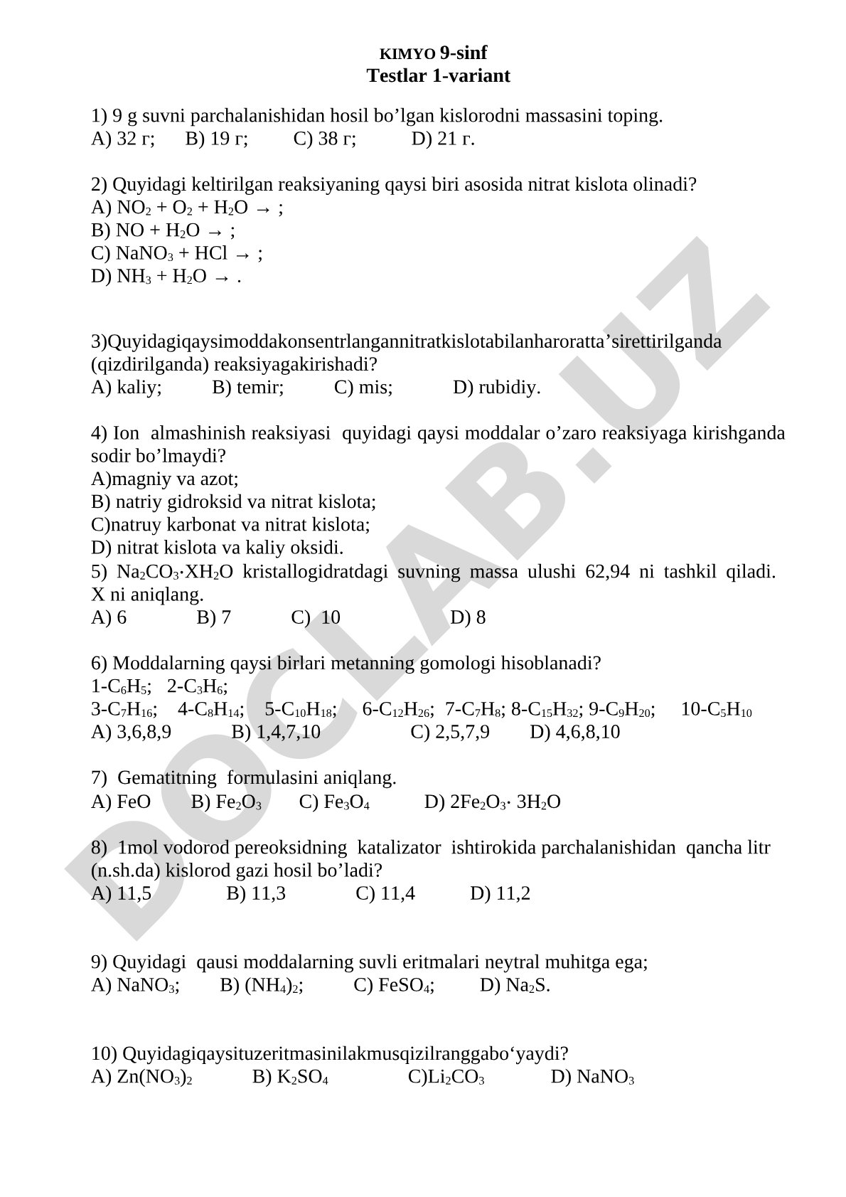 KIMYO 9-sinf Testlar 1-variant