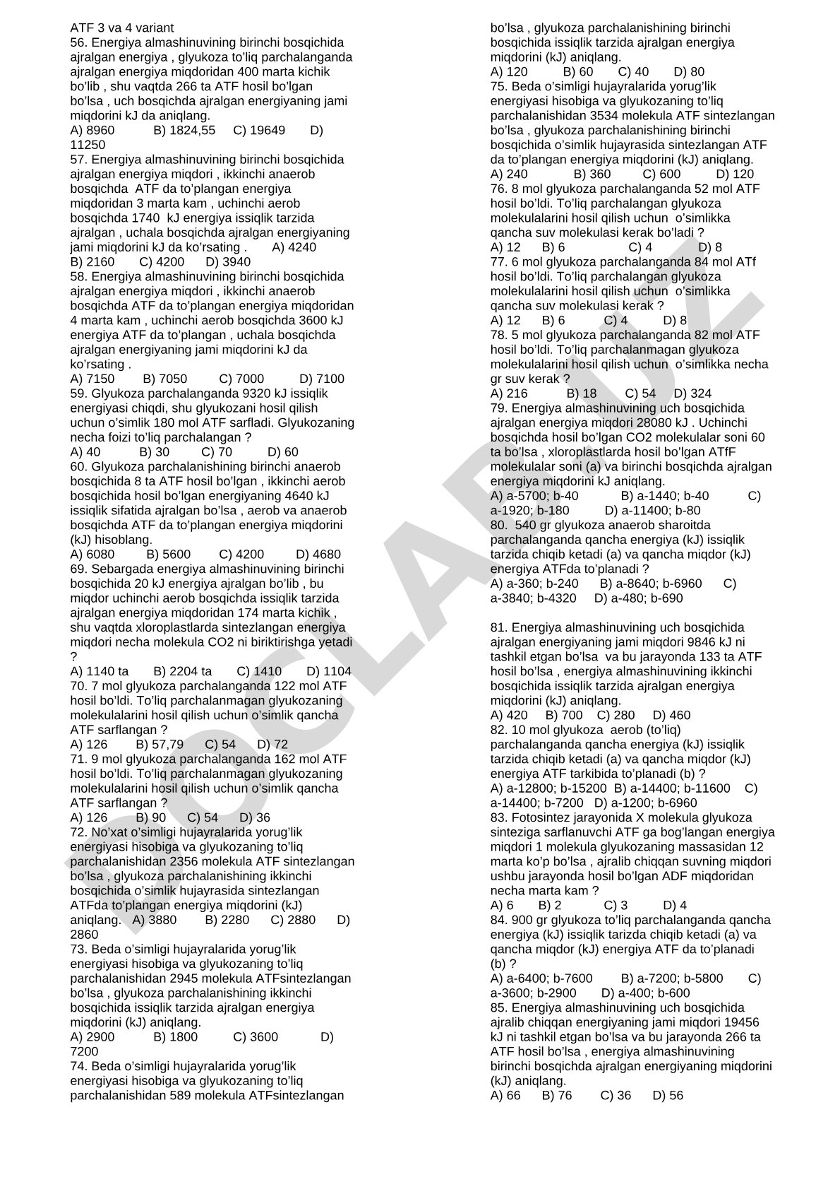 Energiya almashinuvi va ATF miqdorini hisoblash masalalari