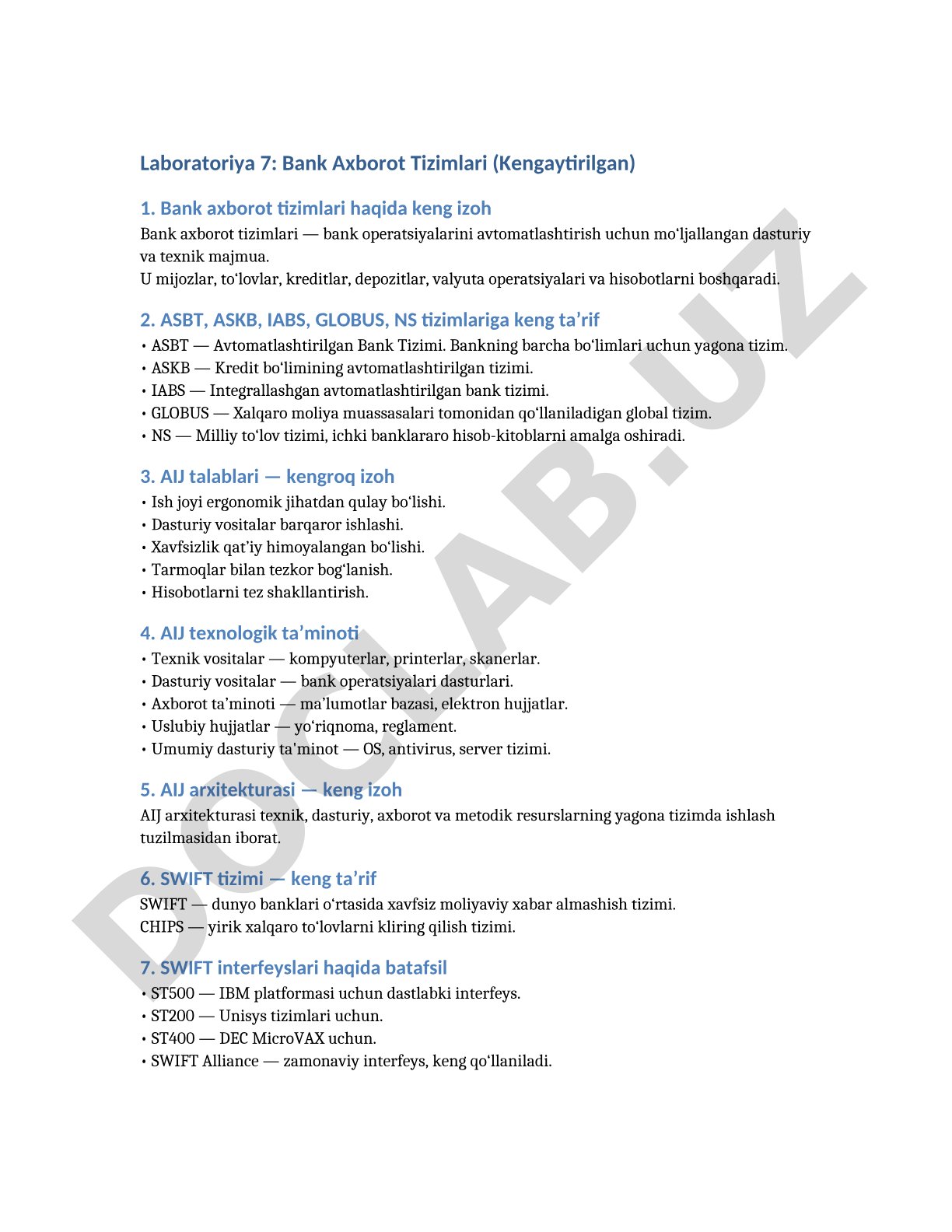 Laboratoriya 7: Bank Axborot Tizimlari (Kengaytirilgan)