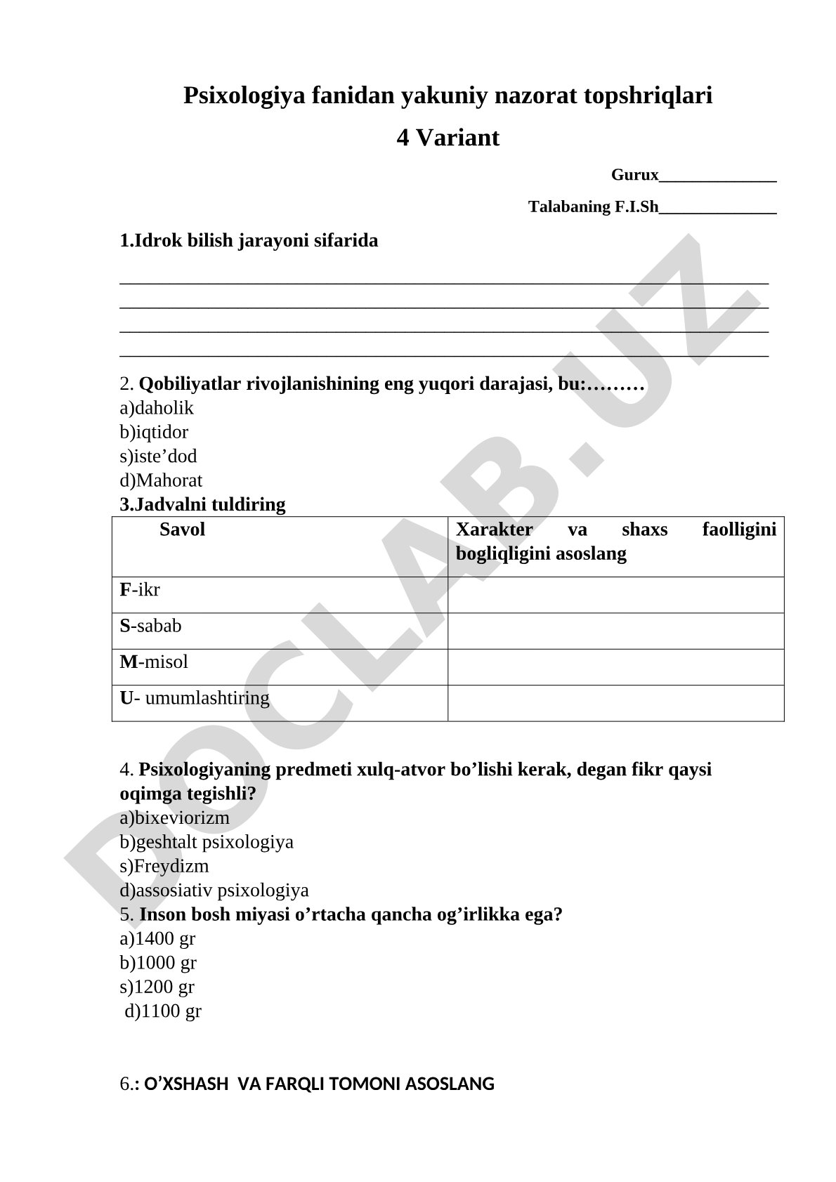 Psixologiya fanidan yakuniy nazorat topshriqlari 4 Variant