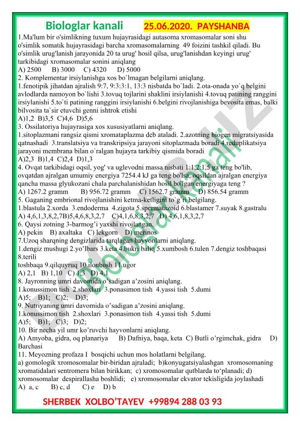 Biologiya fanidan test savollari va masalalar